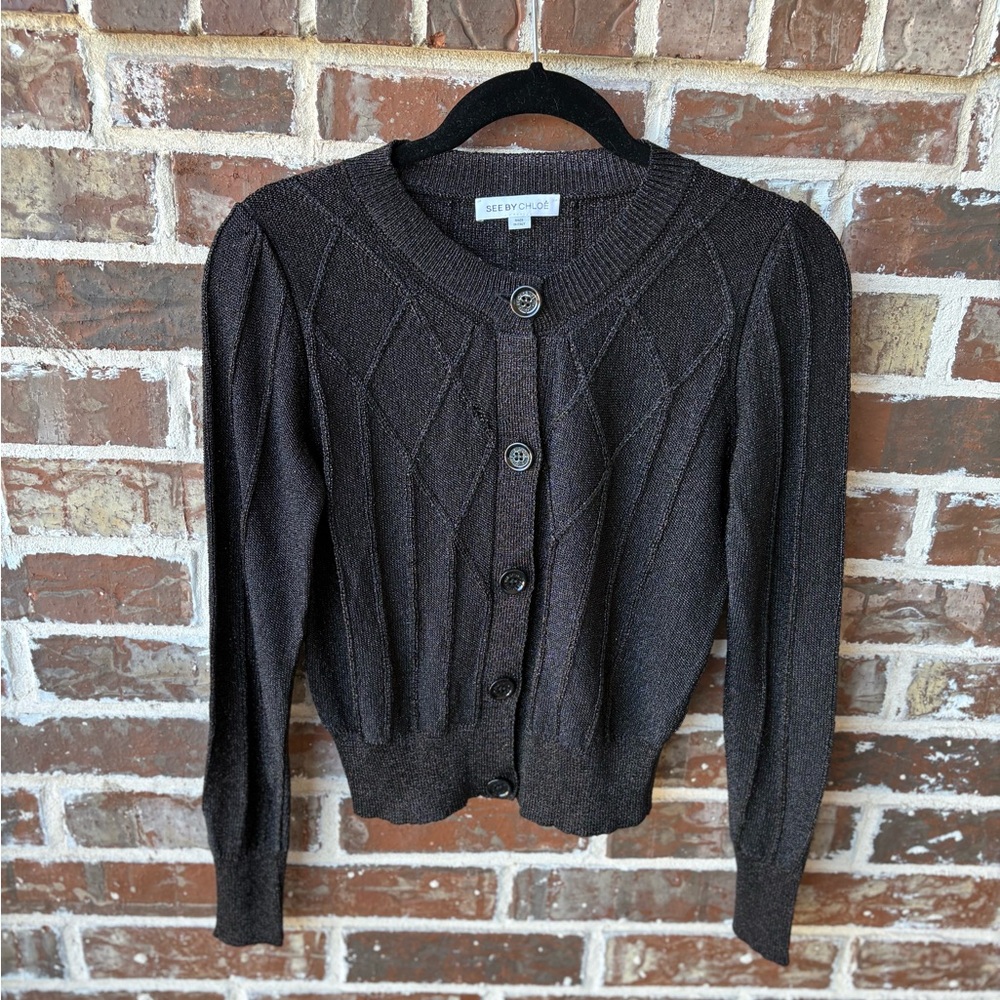 See by Chloe Black Metallic Argyle Cardigan Sweater Size 6 - Picture 8 of 15